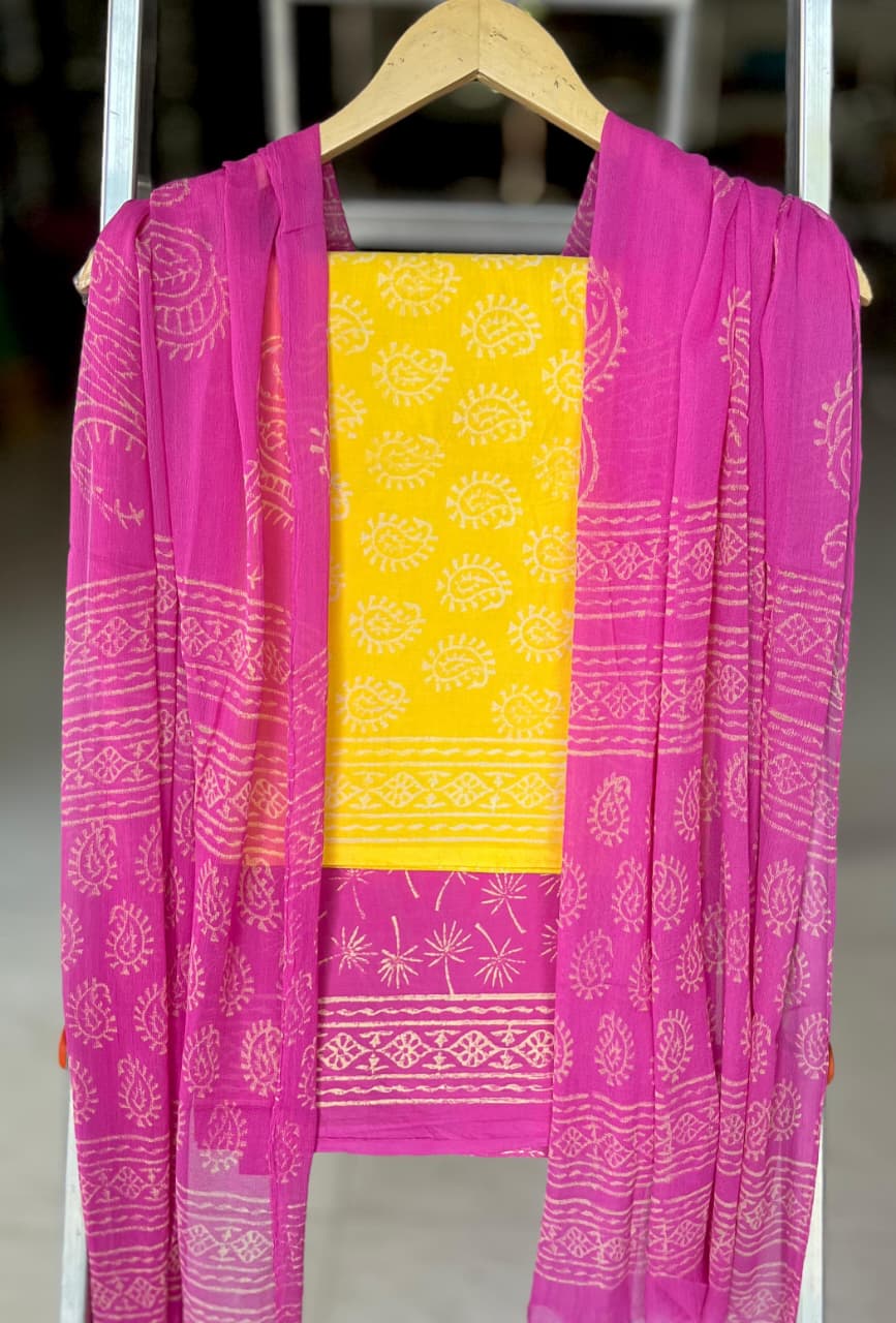 Pure Cotton Hand Block Printed Suit Set With Chiffon Dupatta