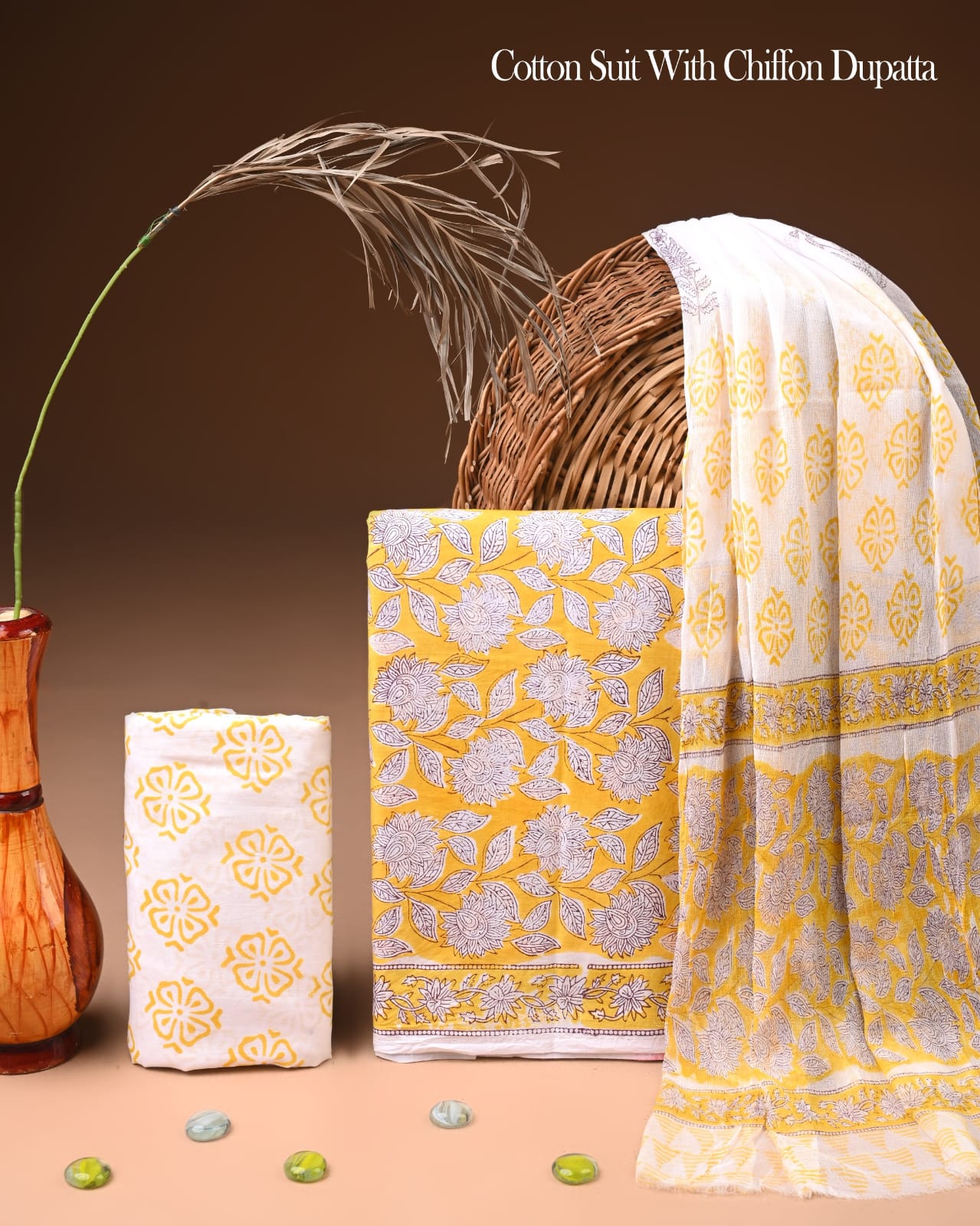 Pure Cotton Hand Block Printed Suit Set With Chiffon Dupatta