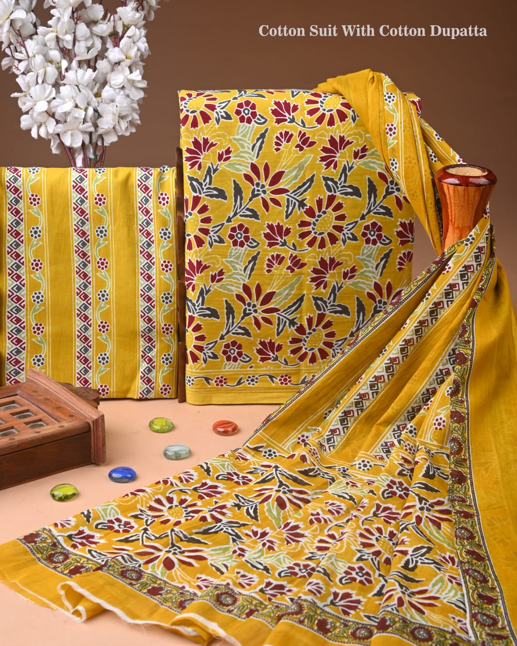 Designer Hand Block Printed Cotton Suit Set With Cotton Dupatta