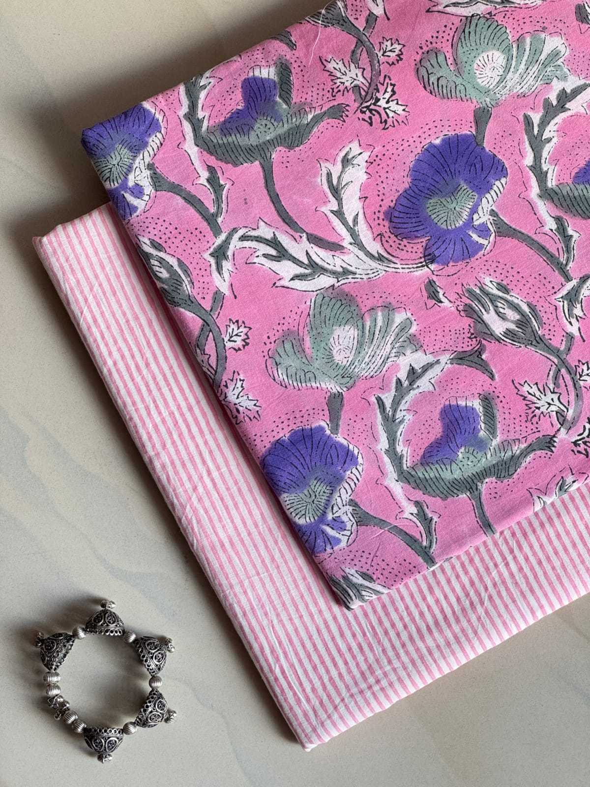 Pure Soft Cotton Handblock Printed 2PC Top-Bottom Suit Set (2.50 Meter Each)