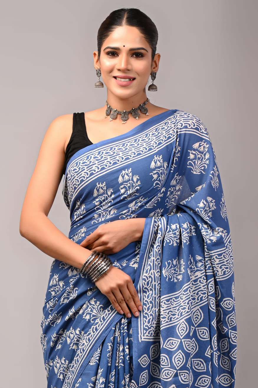 Pure Soft Cotton Handblock Printed Saree With Blouse