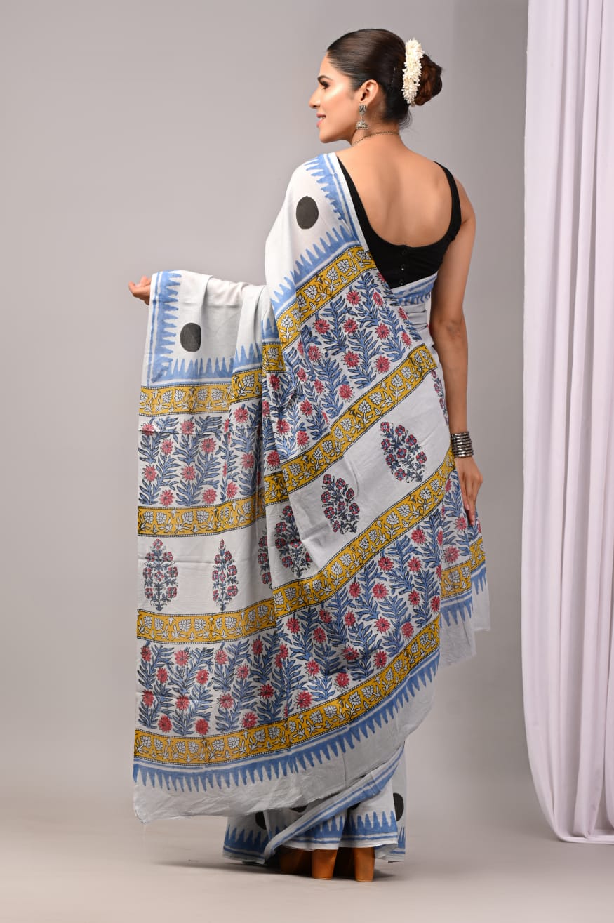 Pure Soft Cotton Handblock Printed Saree With Blouse