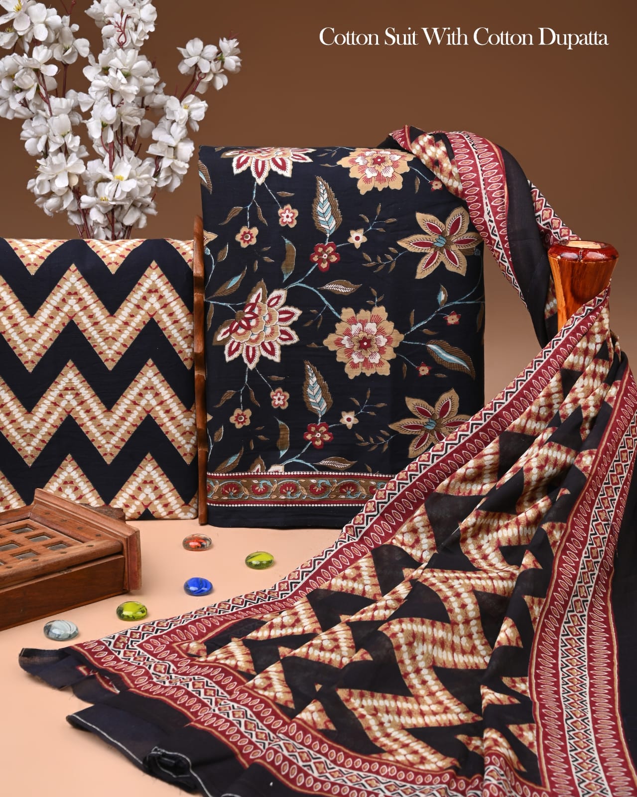 Designer Hand Block Printed Cotton Suit Set With Cotton Dupatta