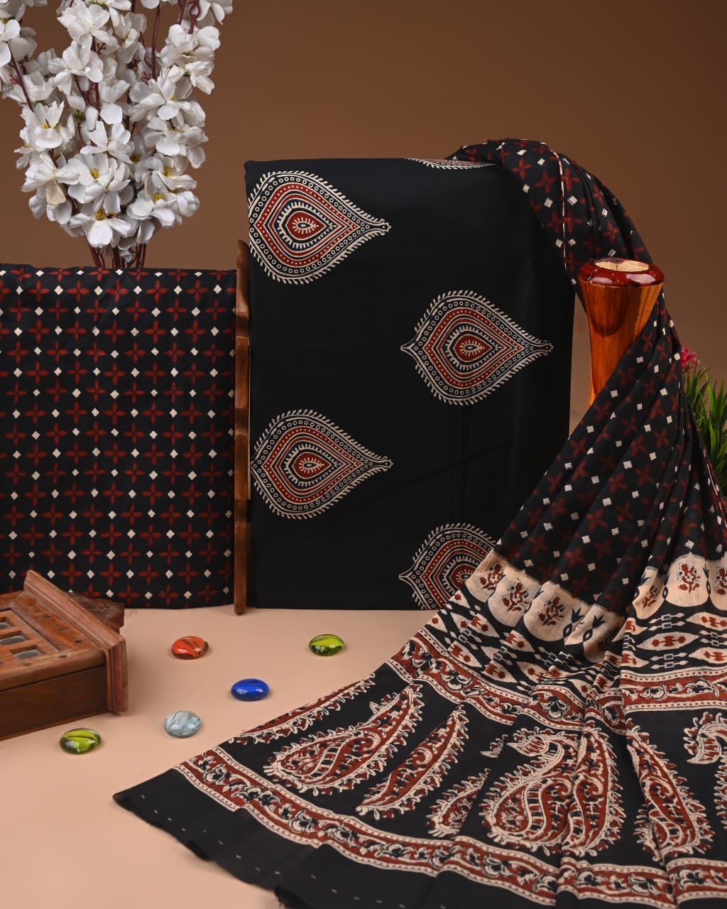 Designer Hand Block Printed Cotton Suit Set With Cotton Dupatta