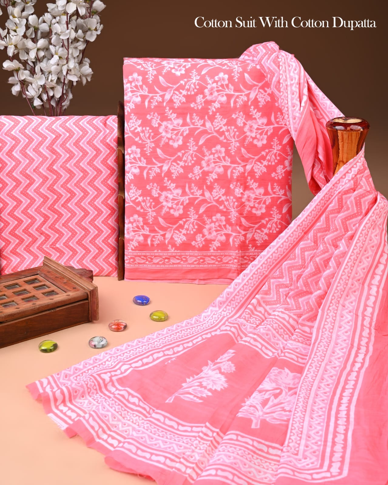 Designer Hand Block Printed Cotton Suit Set With Cotton Dupatta