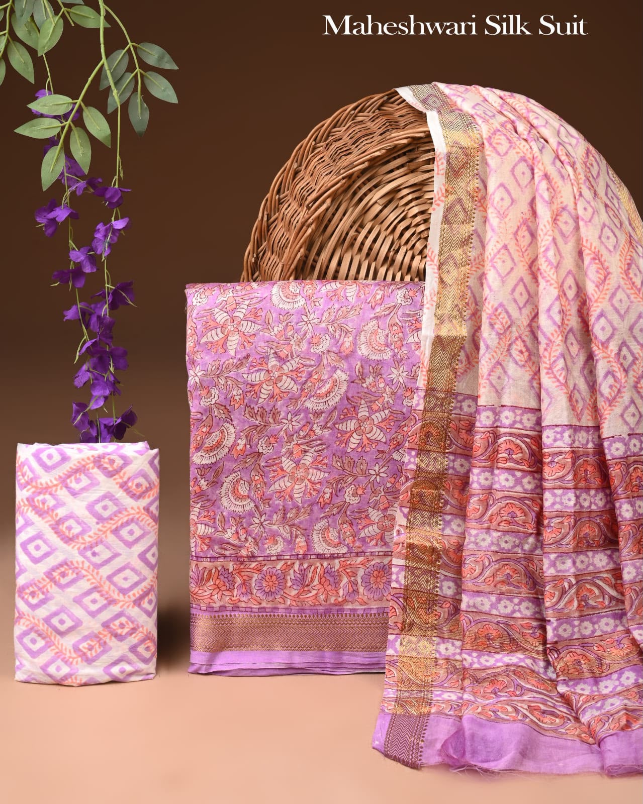 Premium Designer Handblock Printed Maheshwari Silk Suit Set