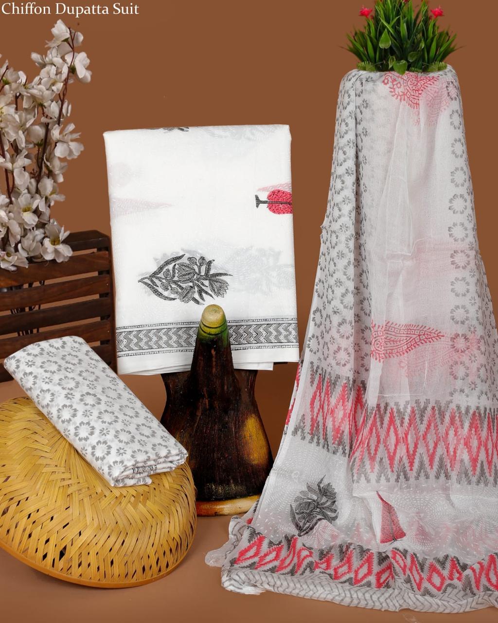 Pure Cotton Hand Block Printed Suit Set With Chiffon Dupatta