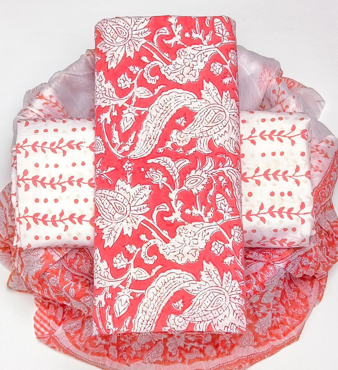 Pure Cotton Hand Block Printed Suit Set With Chiffon Dupatta