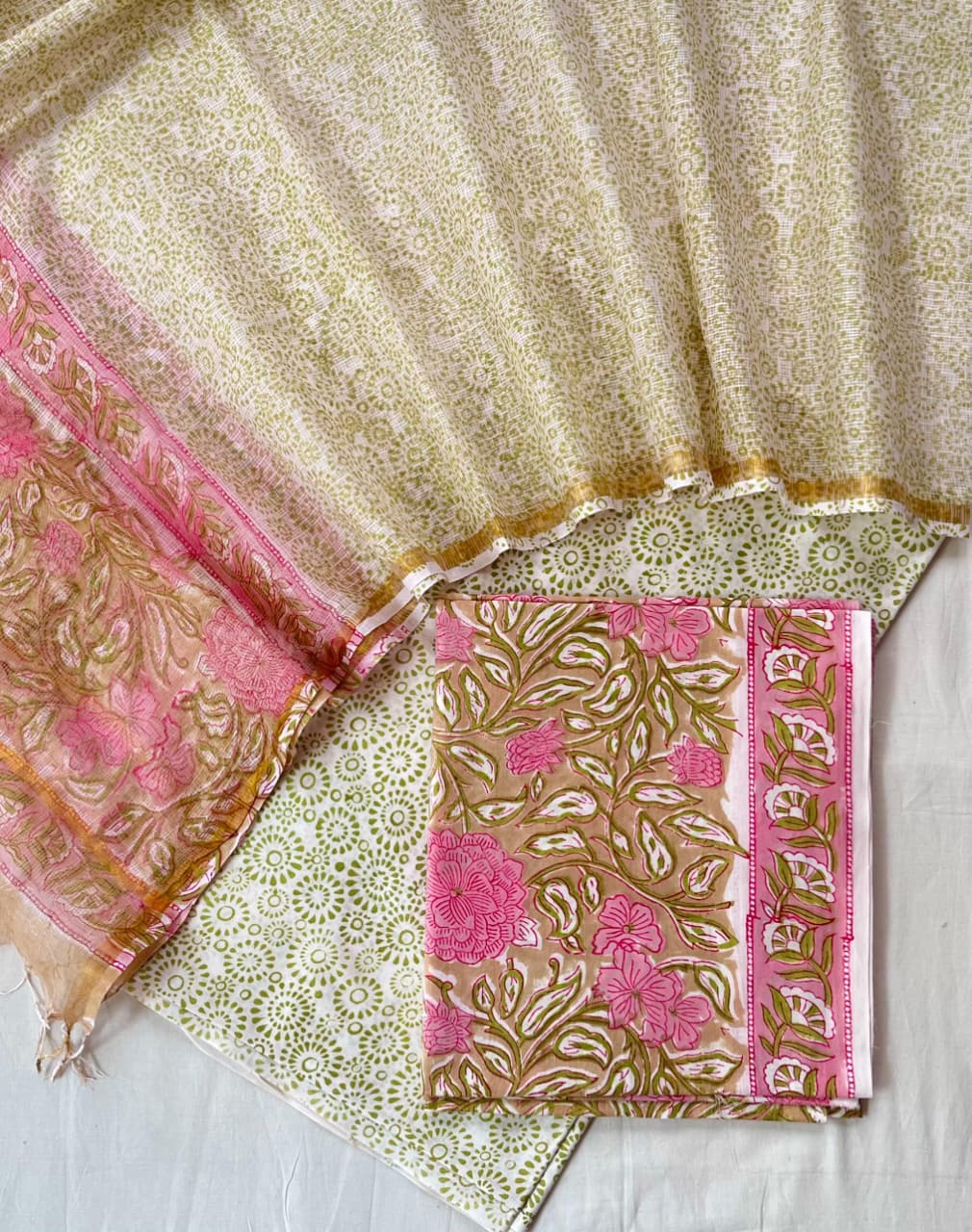 Pure Cotton Hand Block Printed Suit Set With Kota Doria Dupatta