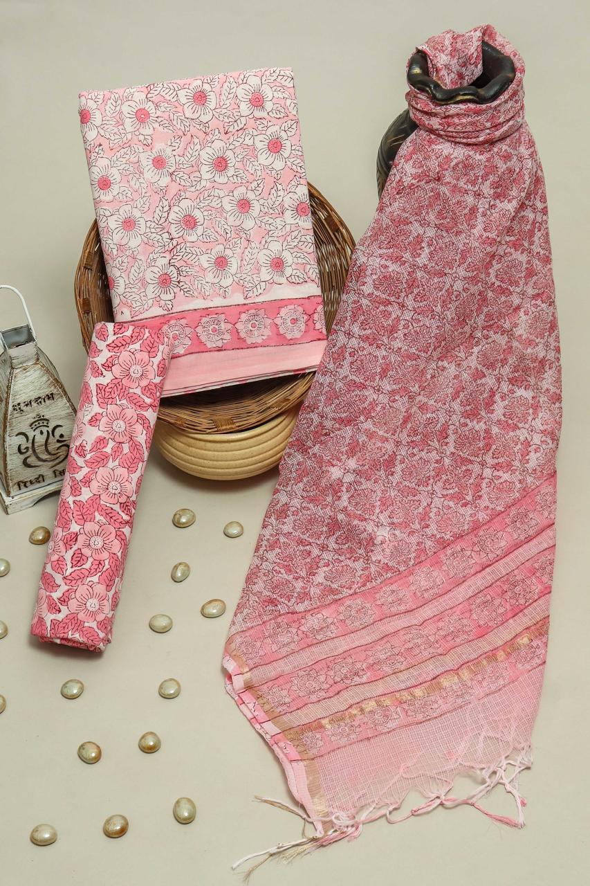 Pure Cotton Hand Block Printed Suit Set With Kota Doria Dupatta