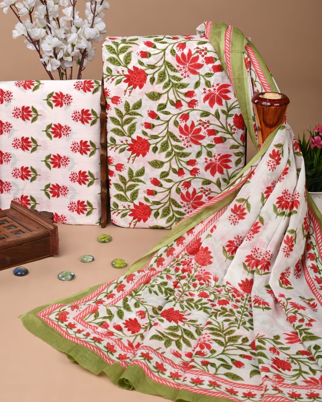 Designer Hand Block Printed Cotton Suit Set With Cotton Dupatta