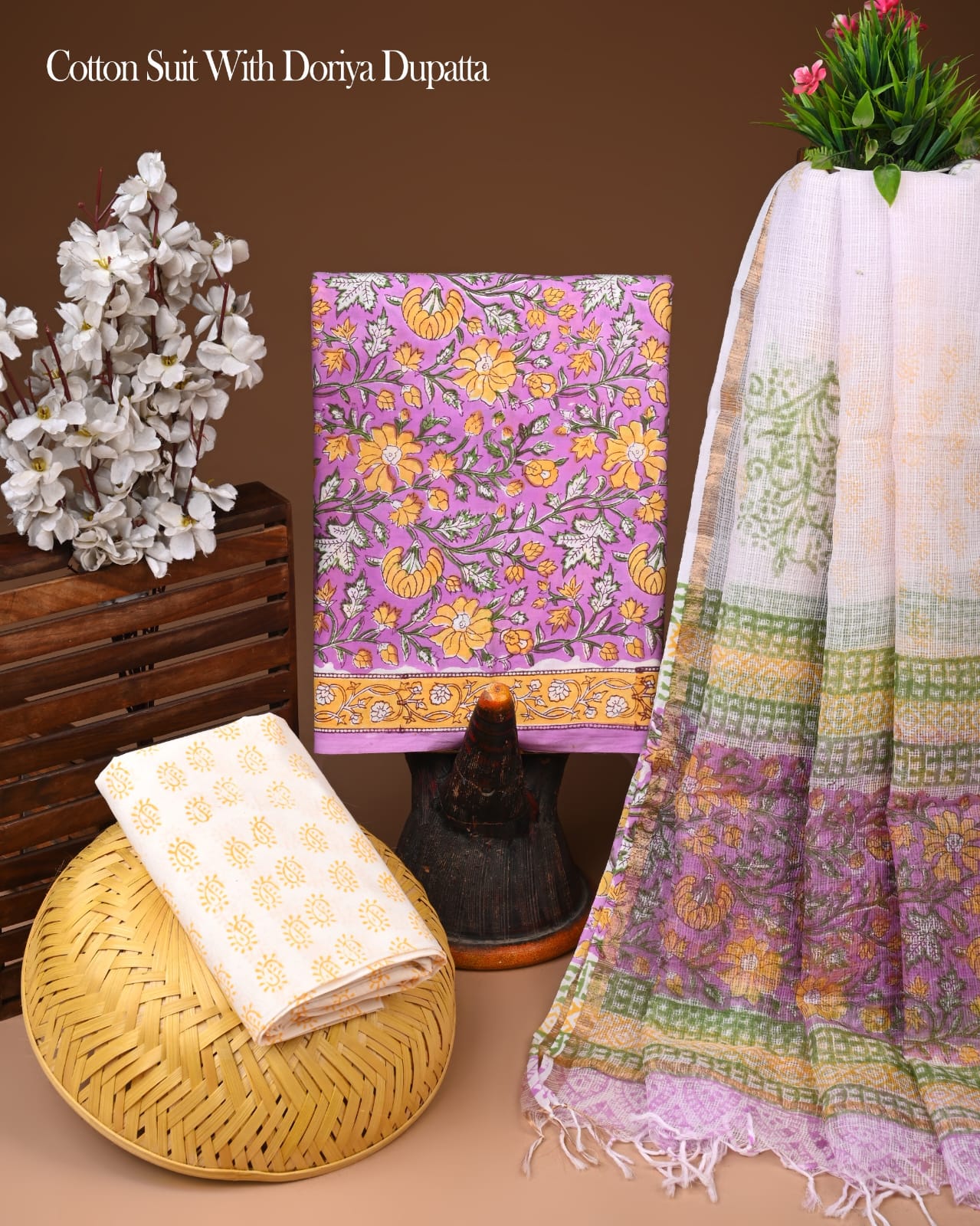 Pure Cotton Hand Block Printed Suit Set With Kota Doria Dupatta