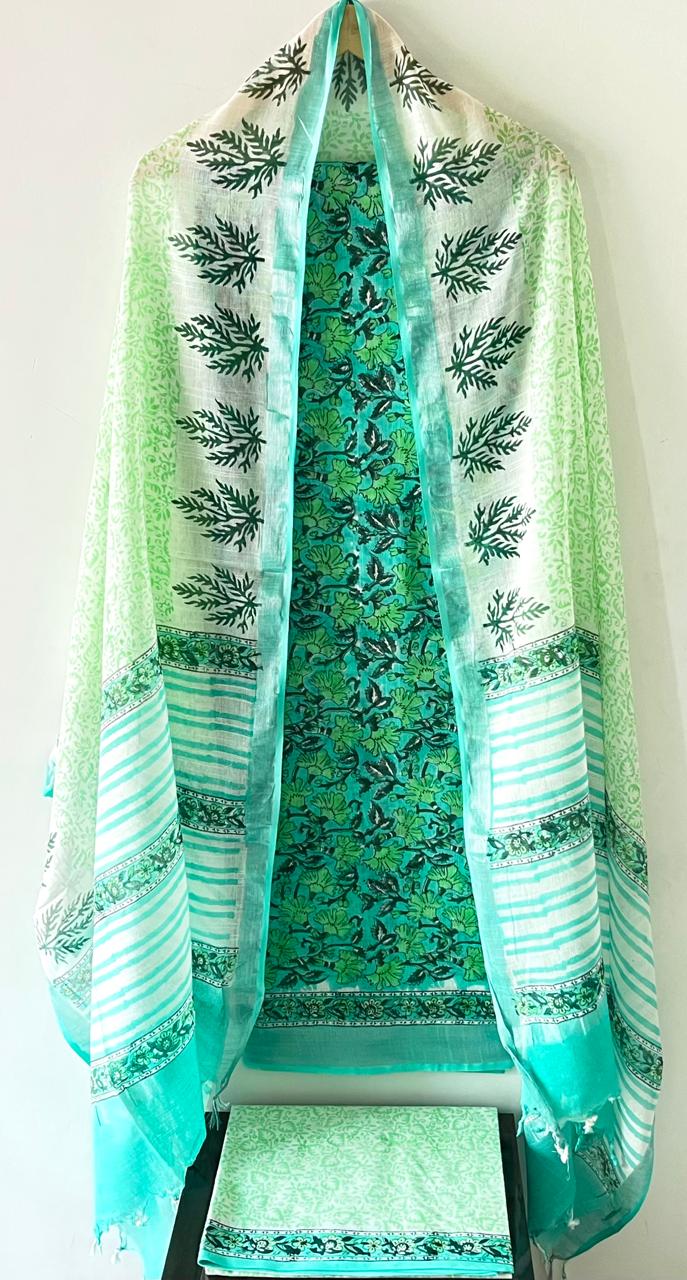 Premium Cotton Linen Hand Block Printed Cotton Linen Suit Set