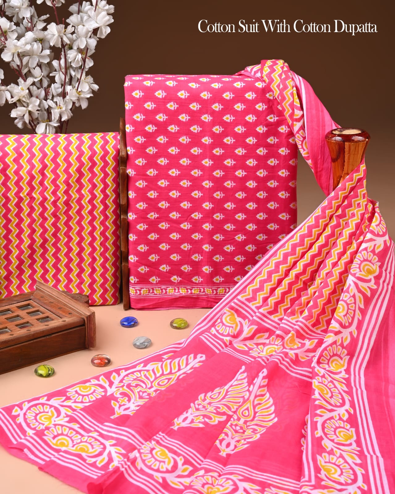 Pure Soft Cotton Hand Block Printed Suit Set With Cotton Dupatta