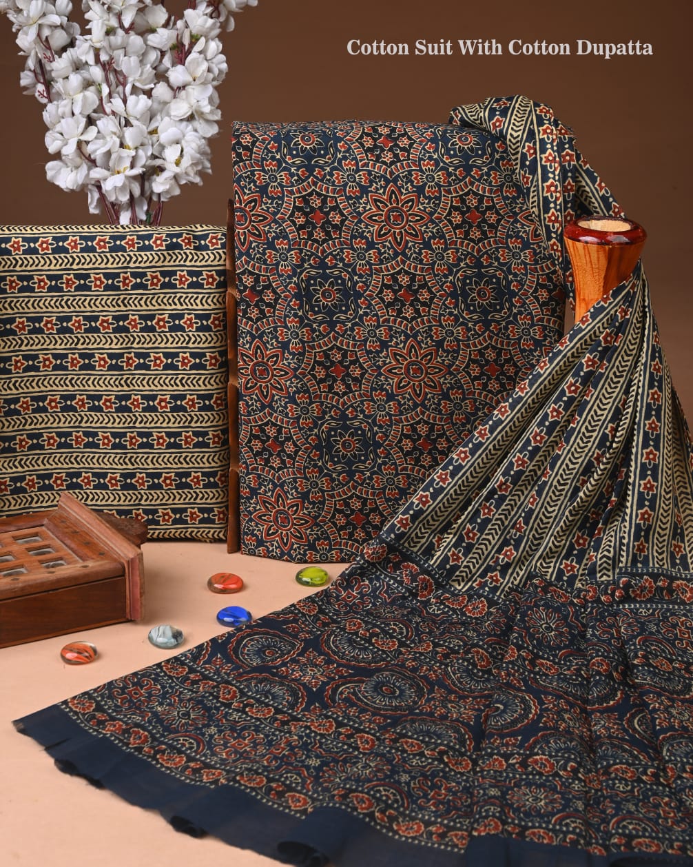 Designer Hand Block Printed Cotton Suit Set With Cotton Dupatta