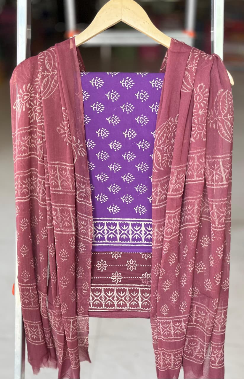 Pure Cotton Hand Block Printed Suit Set With Chiffon Dupatta