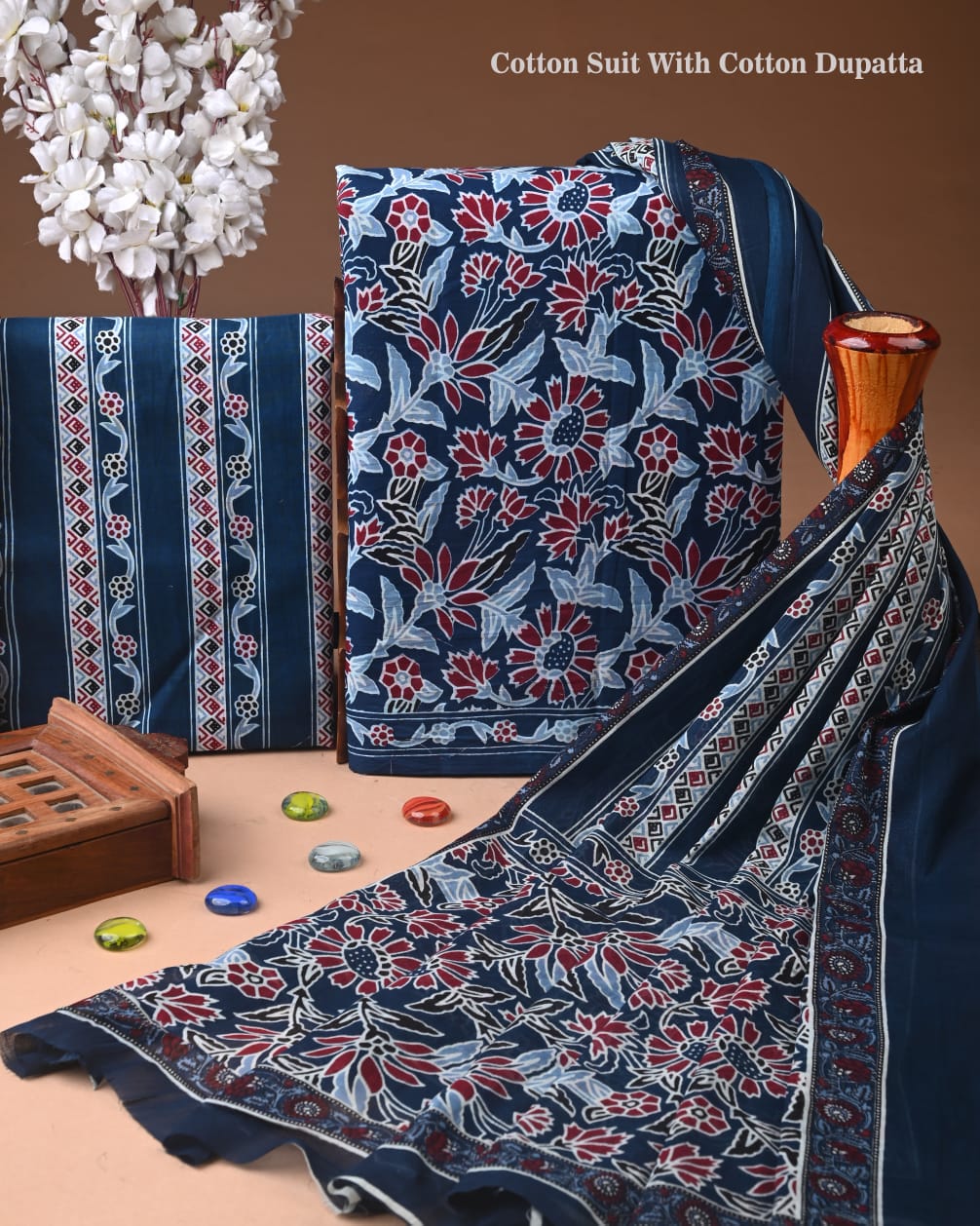 Designer Hand Block Printed Cotton Suit Set With Cotton Dupatta