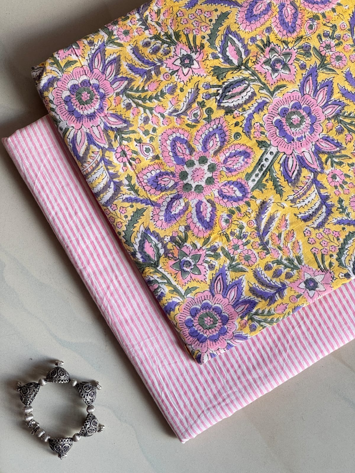 Pure Soft Cotton Handblock Printed 2PC Top-Bottom Suit Set (2.50 Meter Each)