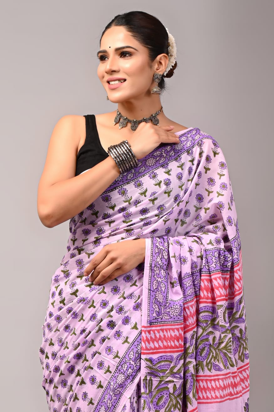 Pure Soft Cotton Handblock Printed Saree With Blouse