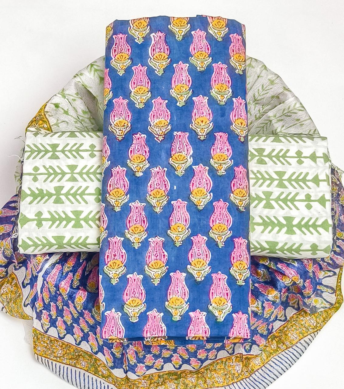 Pure Cotton Hand Block Printed Suit Set With Chiffon Dupatta