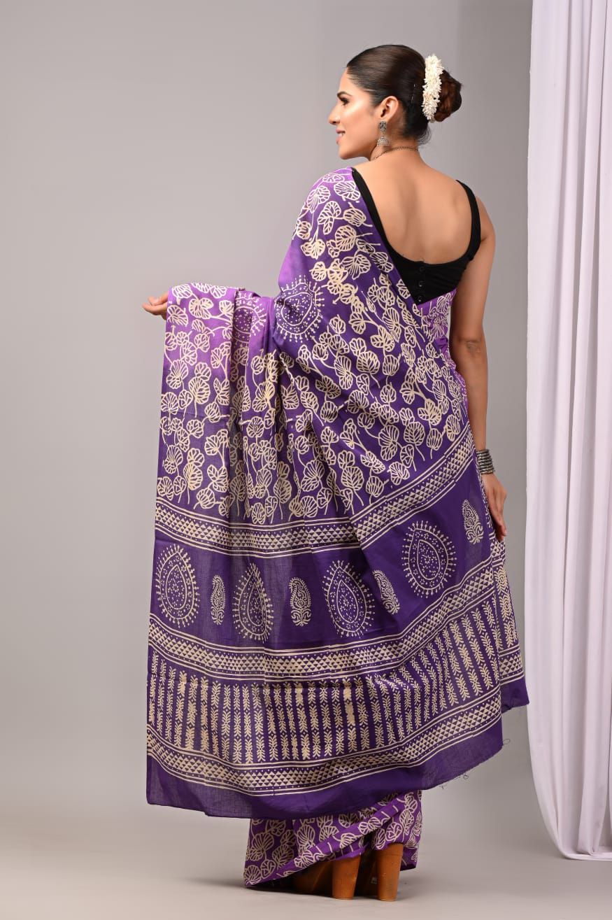 Pure Soft Cotton Handblock Printed Saree With Blouse