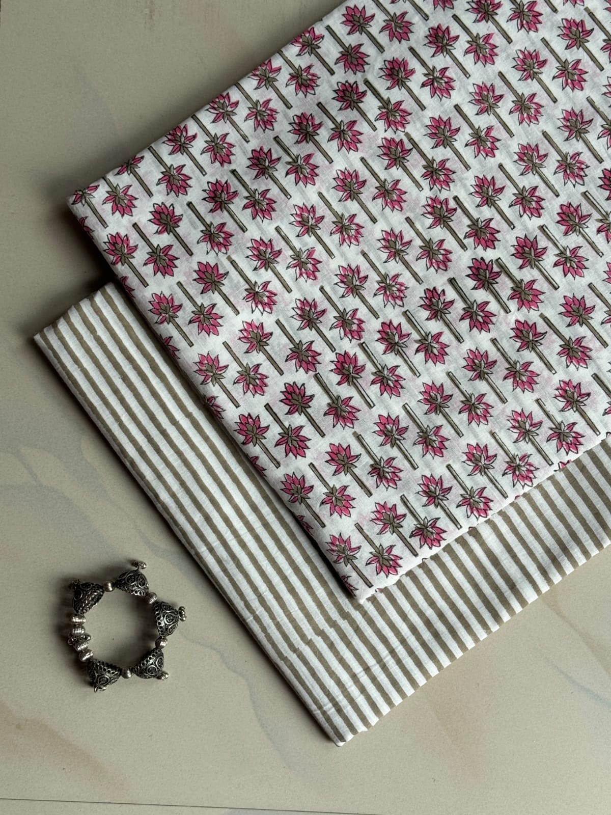 Pure Soft Cotton Handblock Printed 2PC Top-Bottom Suit Set (2.50 Meter Each)