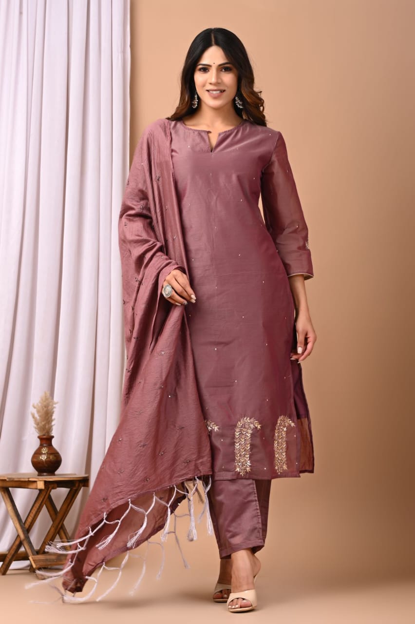 Elegant Coral Chanderi Silk Hand-Embroidered Suit Set with Dupatta