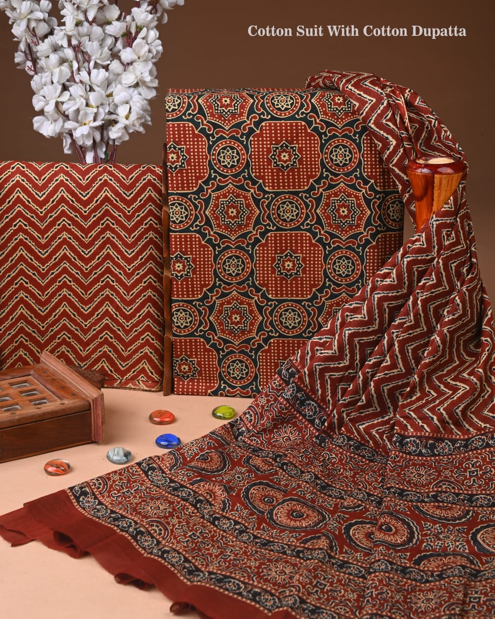 Designer Hand Block Printed Cotton Suit Set With Cotton Dupatta