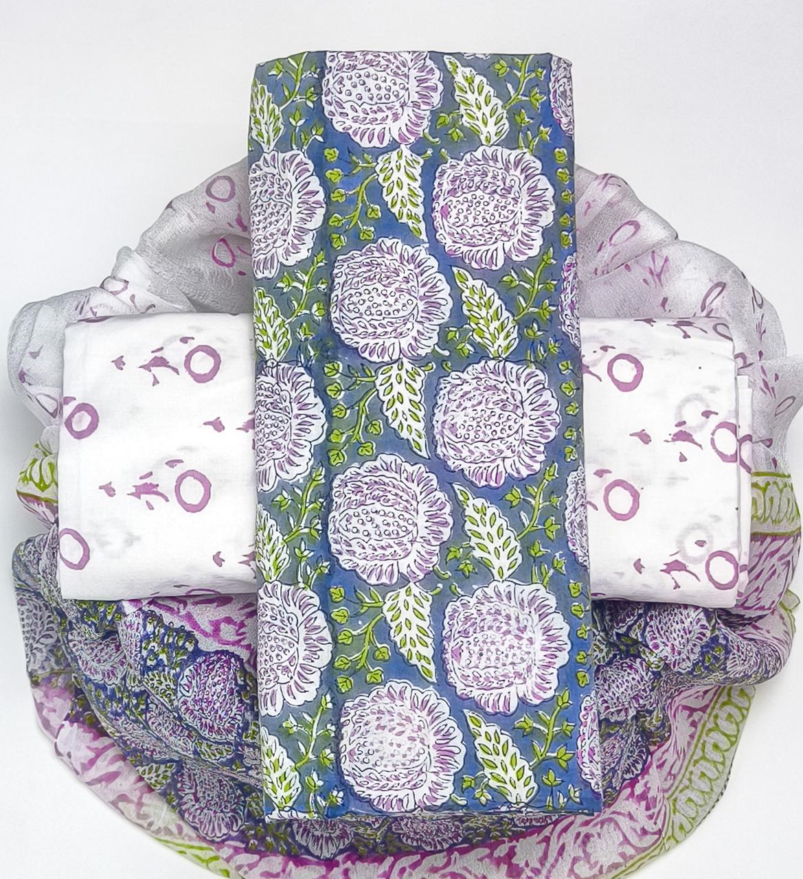 Pure Cotton Hand Block Printed Suit Set With Chiffon Dupatta