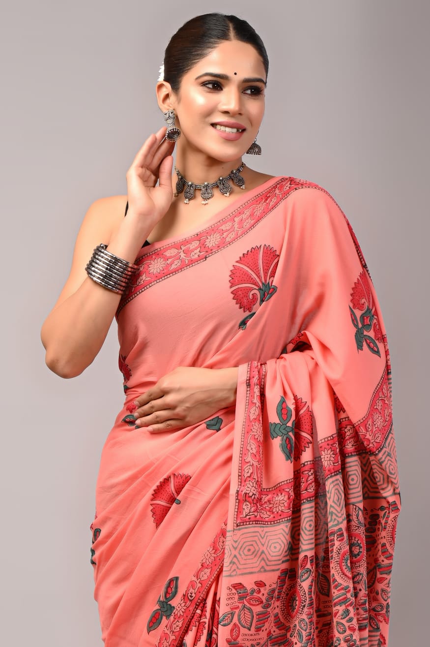 Pure Soft Cotton Handblock Printed Saree With Blouse