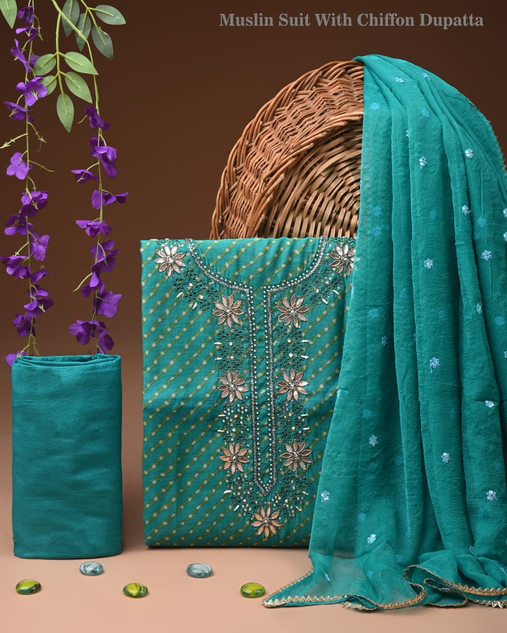 Premium Gota Patti Work Cotton Suit Set With Chiffon Dupatta
