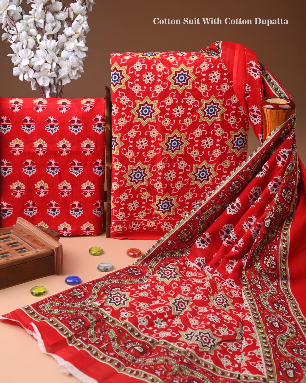 Designer Hand Block Printed Cotton Suit Set With Cotton Dupatta