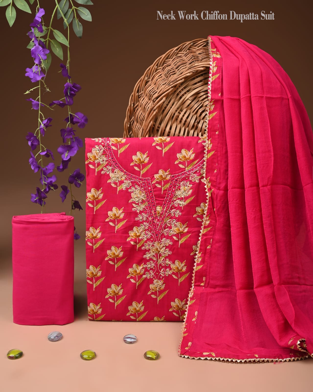 Premium Gota Patti Work Cotton Suit Set With Chiffon Dupatta