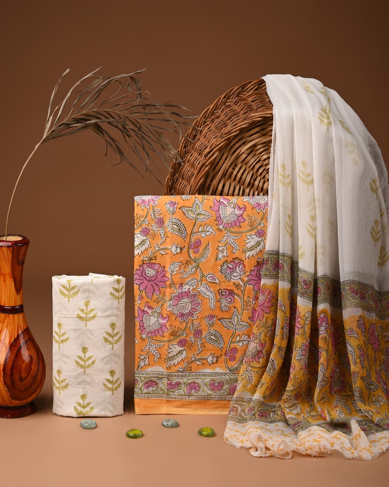 Pure Cotton Hand Block Printed Suit Set With Chiffon Dupatta