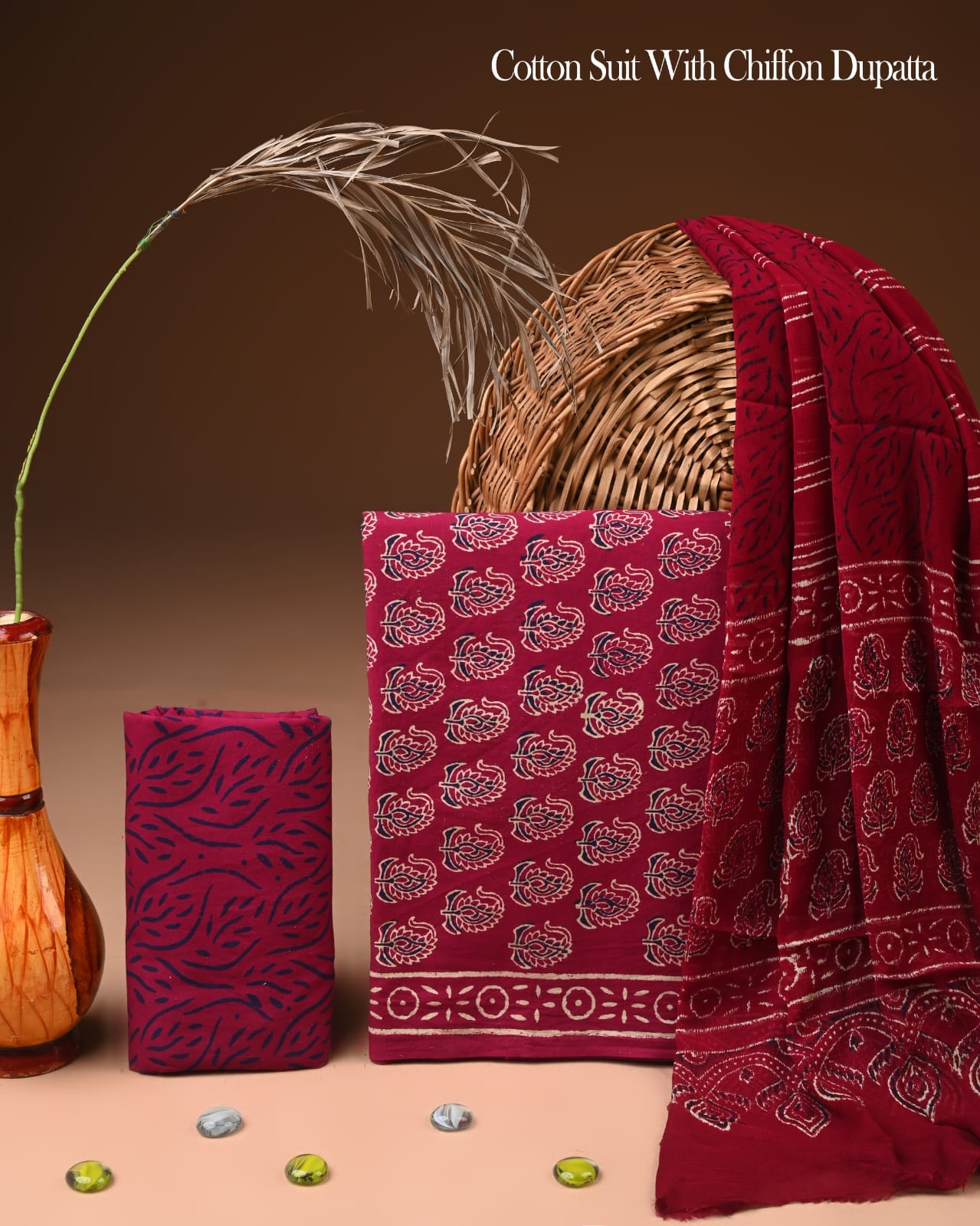 Pure Cotton Hand Block Printed Suit Set With Chiffon Dupatta