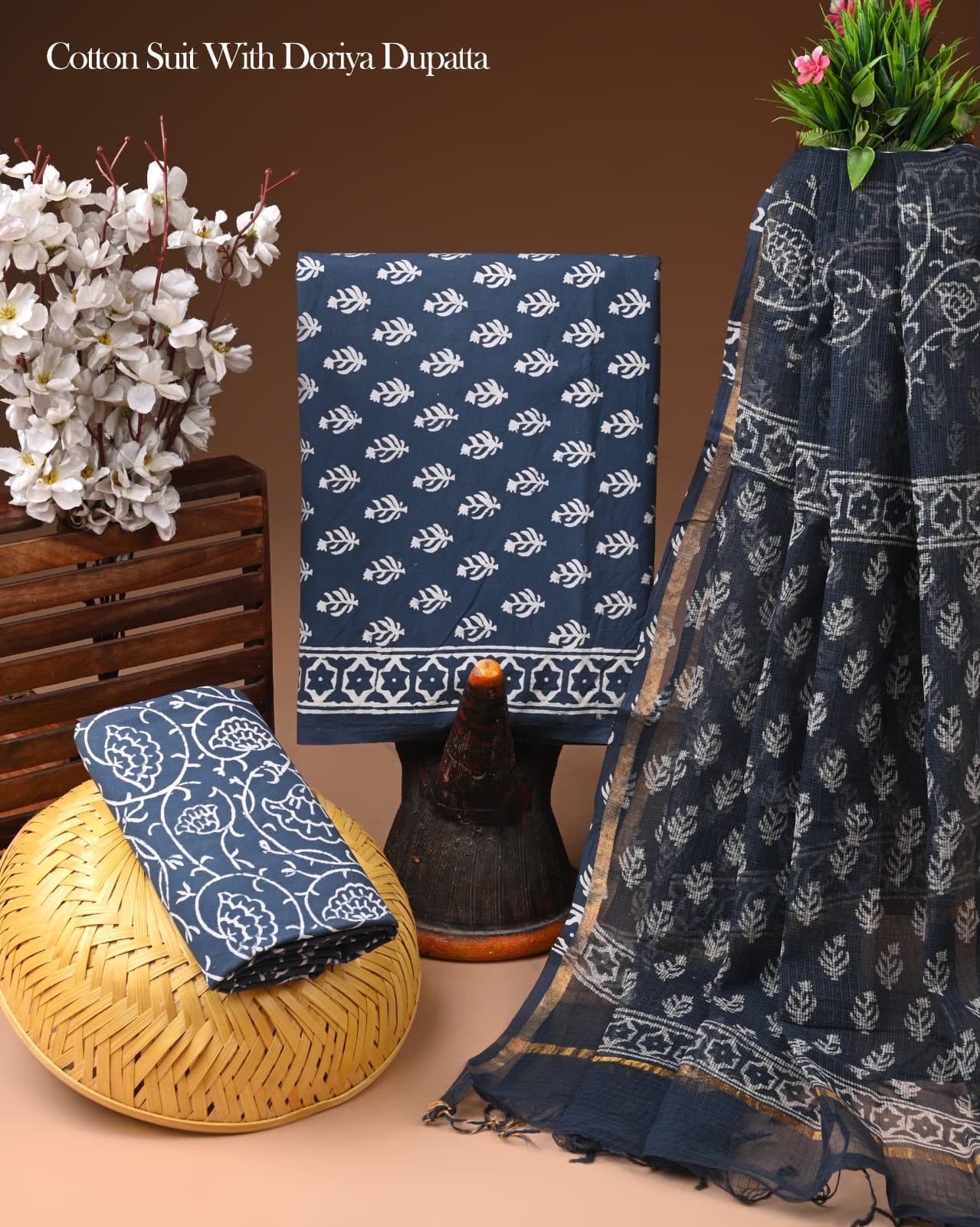 Pure Cotton Hand Block Printed Suit Set With Kota Doria Dupatta