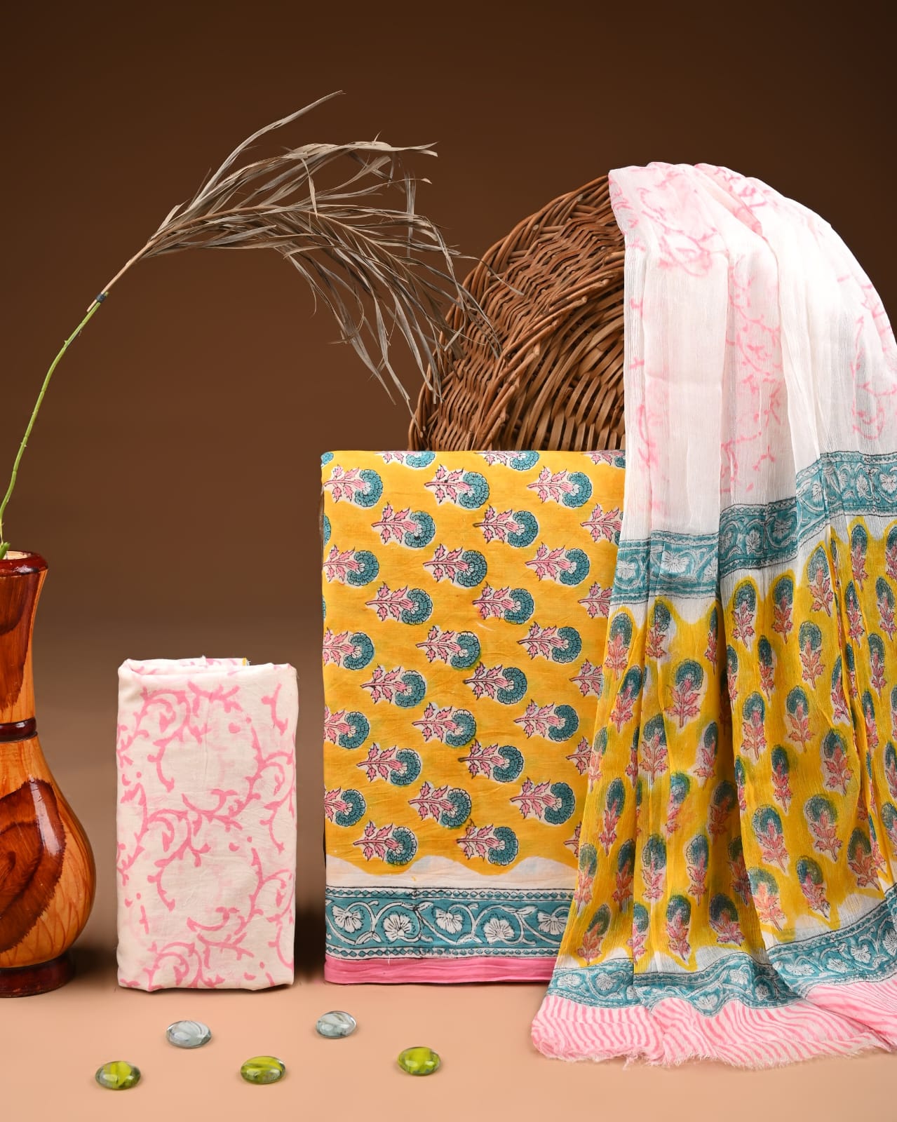 Pure Cotton Hand Block Printed Suit Set With Chiffon Dupatta