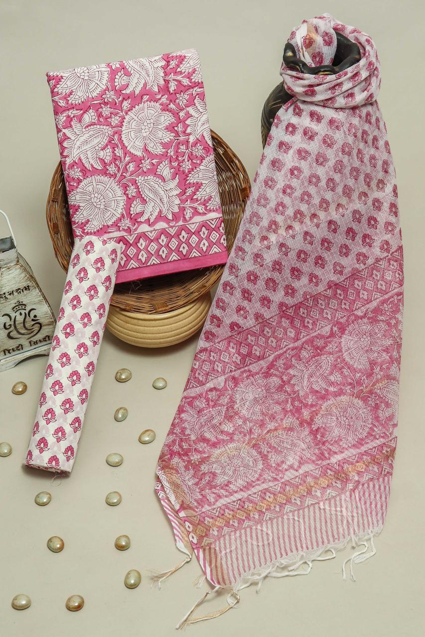 Pure Cotton Hand Block Printed Suit Set With Kota Doria Dupatta