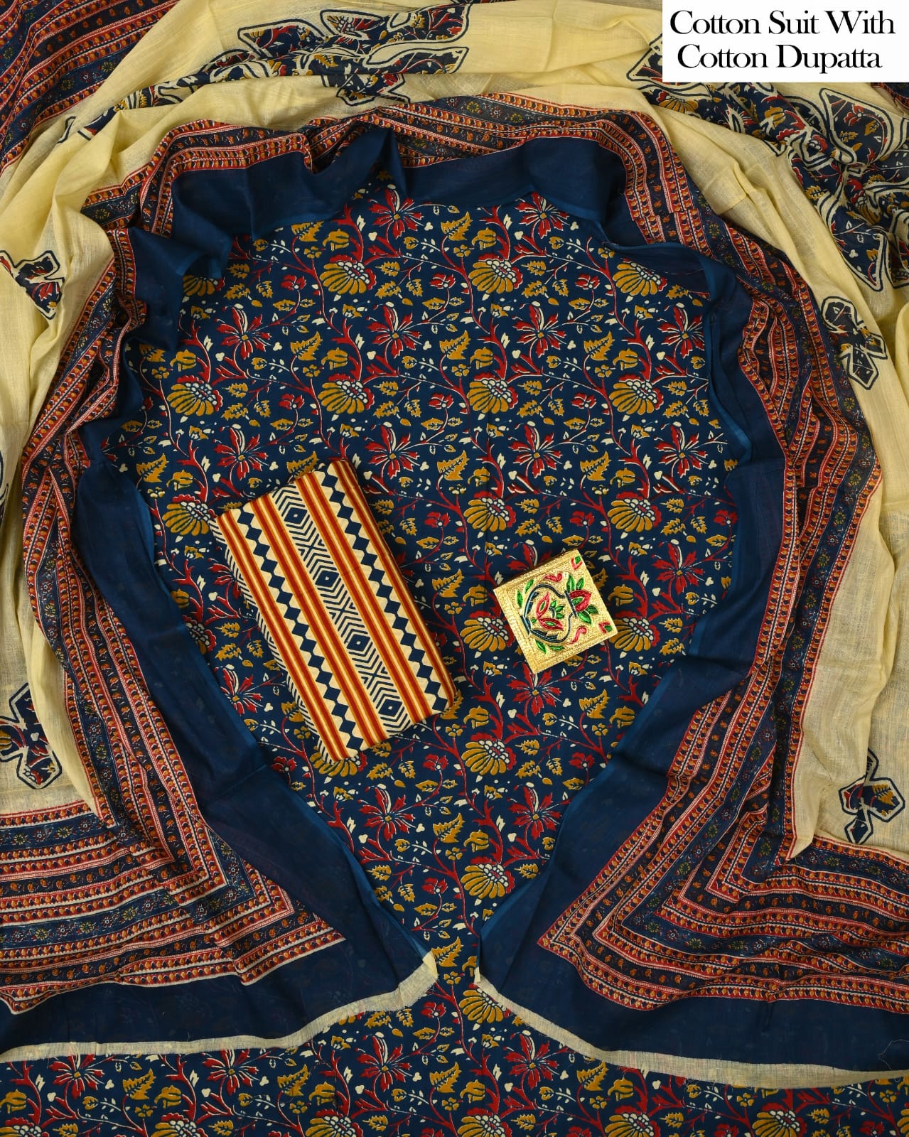Designer Hand Block Printed Cotton Suit Set With Cotton Dupatta
