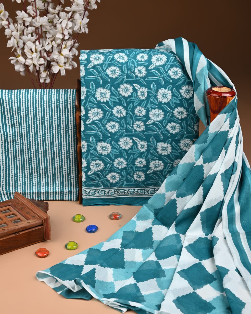 Designer Hand Block Printed Cotton Suit Set With Cotton Dupatta