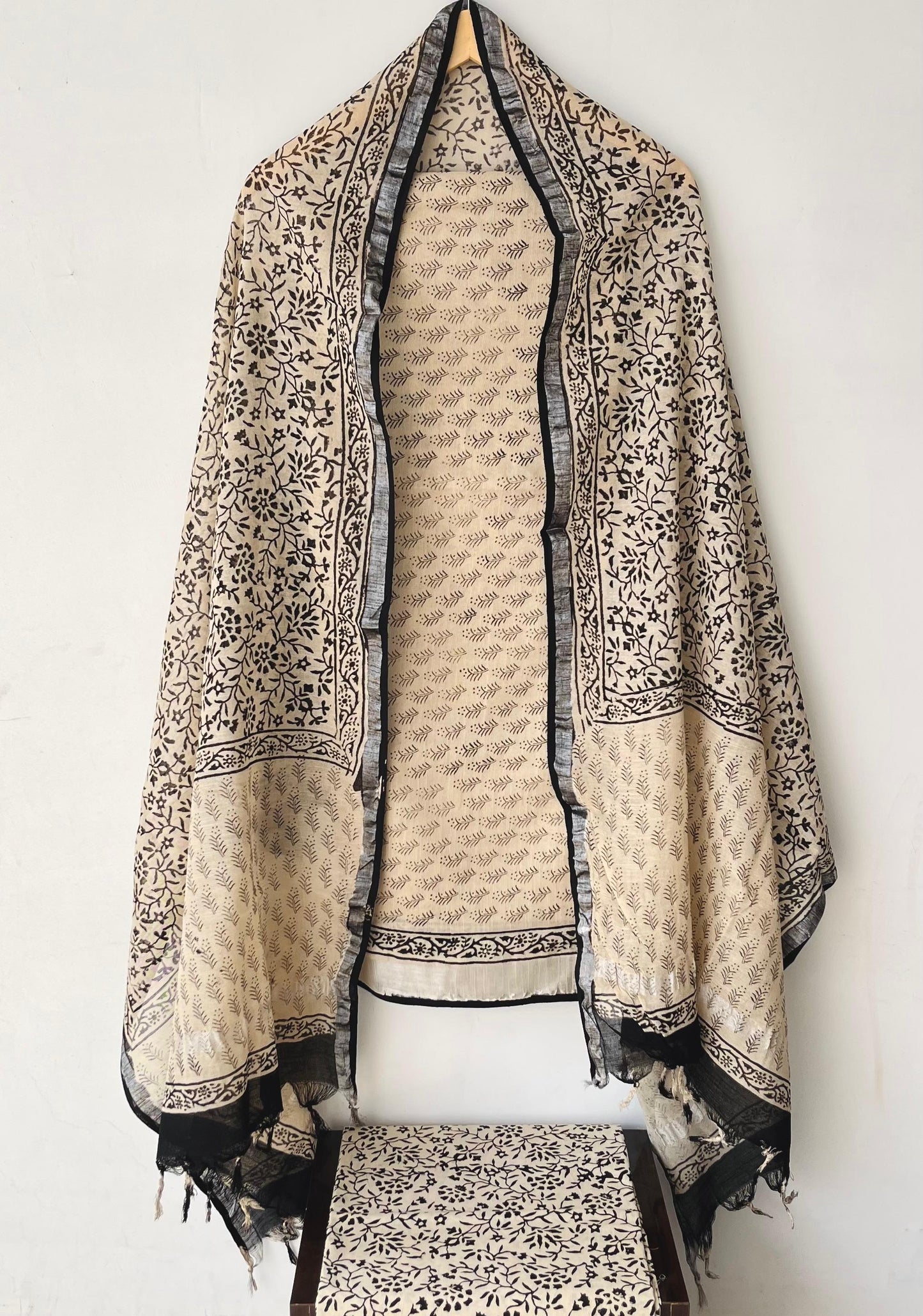 Hand Block Printed Cotton Linen Suit Set With Dupatta
