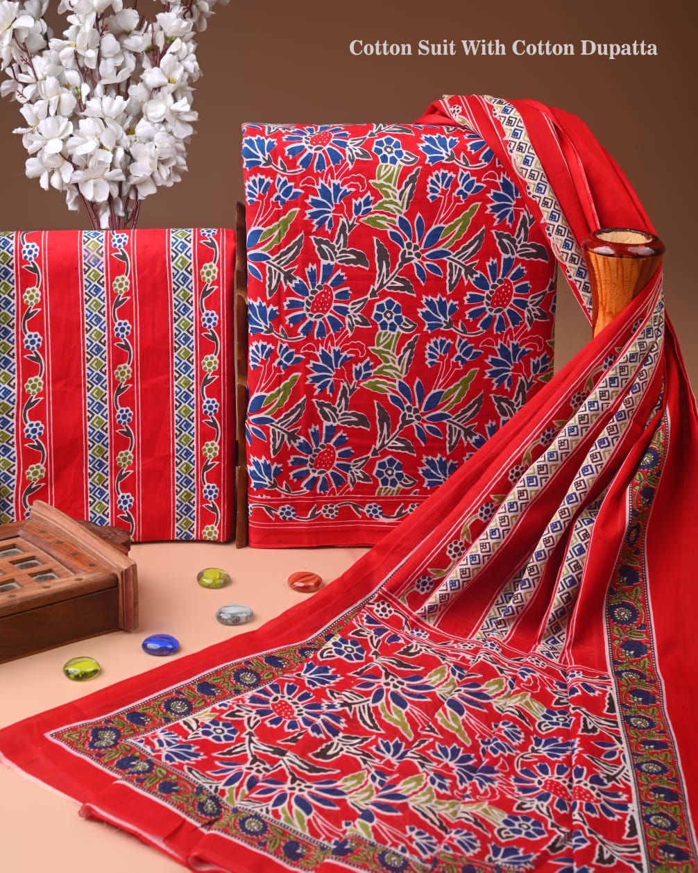 Designer Hand Block Printed Cotton Suit Set With Cotton Dupatta