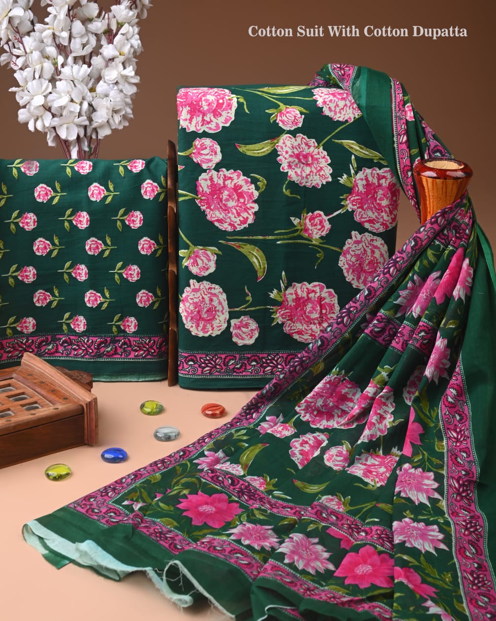 Designer Hand Block Printed Cotton Suit Set With Cotton Dupatta