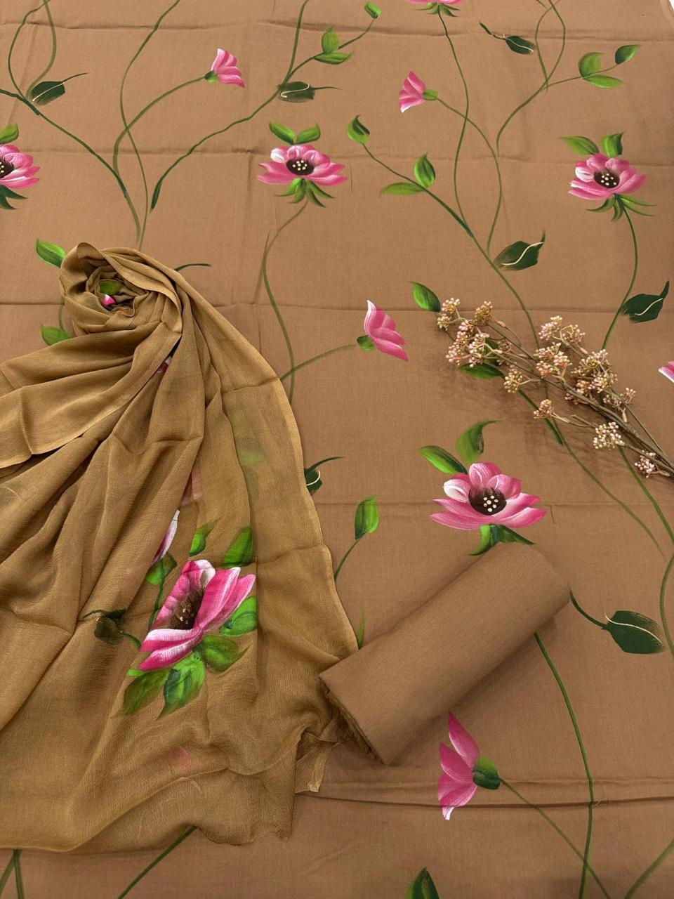 Pure Cotton Hand Block Printed Suit Set With Chiffon Dupatta