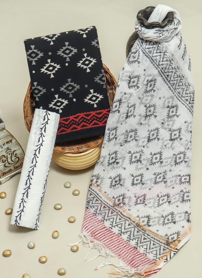 Pure Cotton Hand Block Printed Suit Set With Kota Doria Dupatta