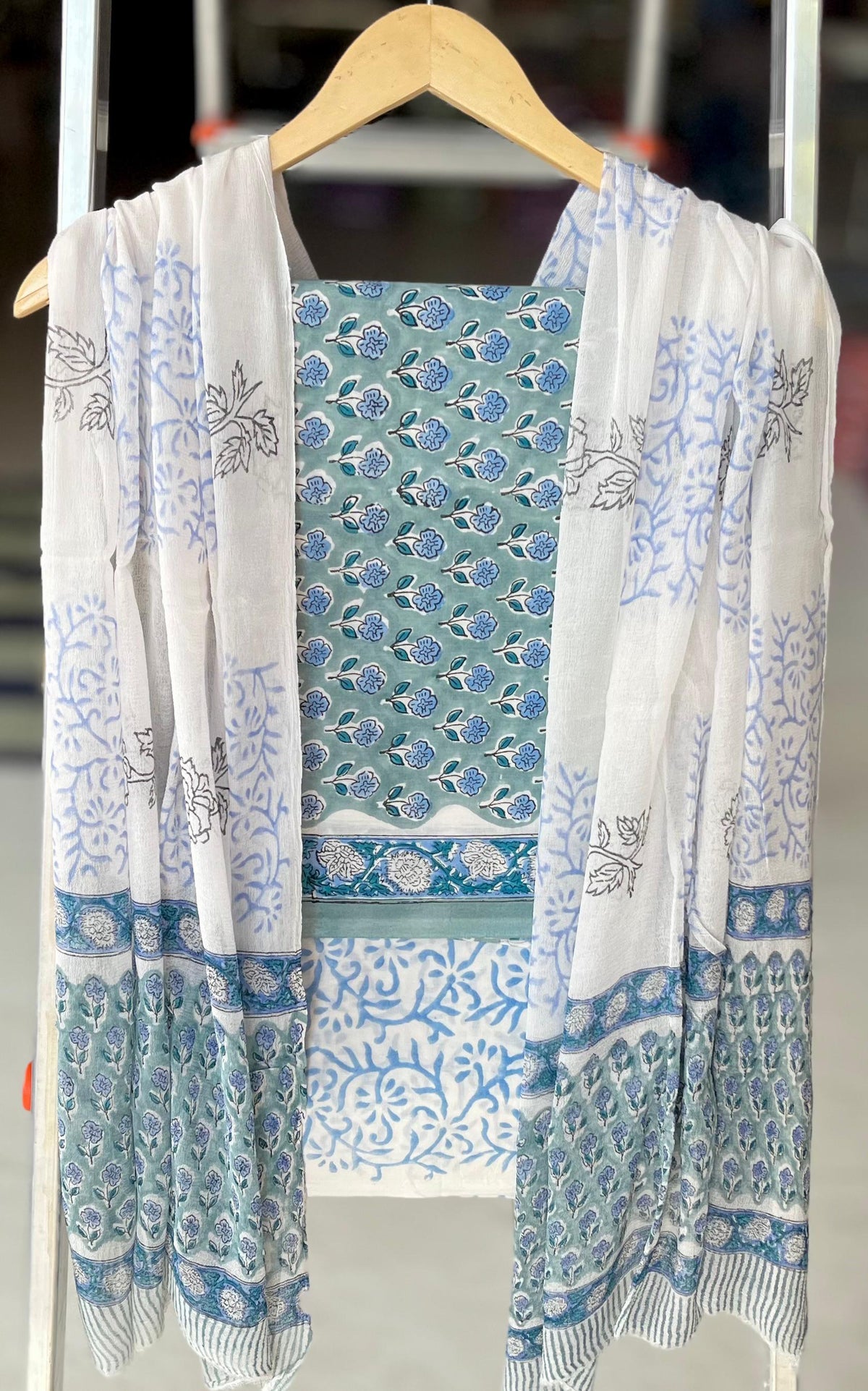 Pure Cotton Hand Block Printed Suit Set With Chiffon Dupatta