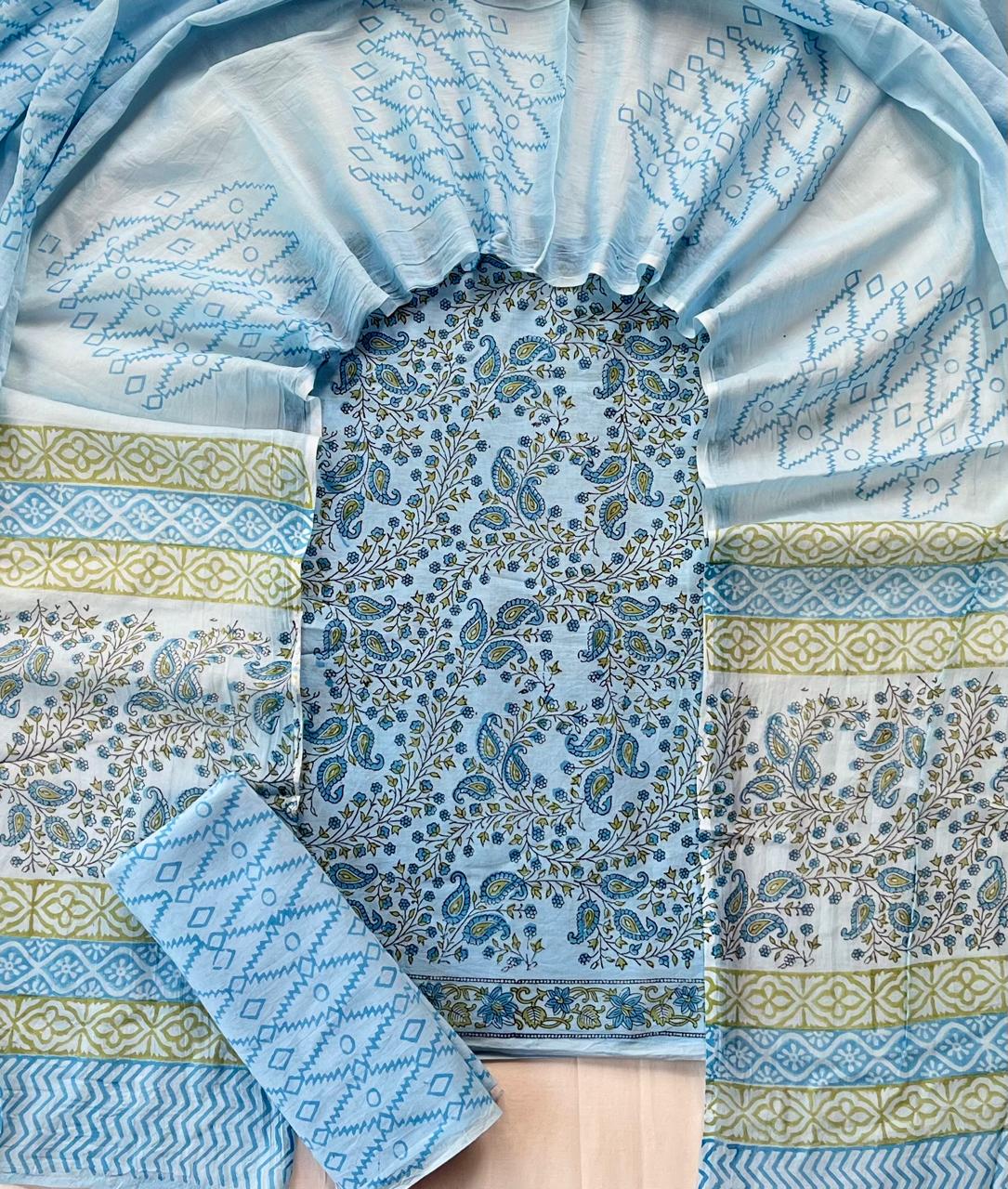 Pure Soft Cotton Hand Block Printed Suit Set With Cotton Dupatta