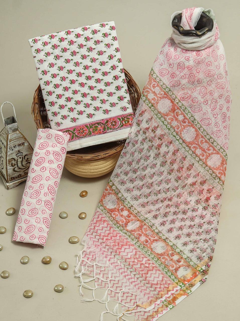 Pure Cotton Hand Block Printed Suit Set With Kota Doria Dupatta