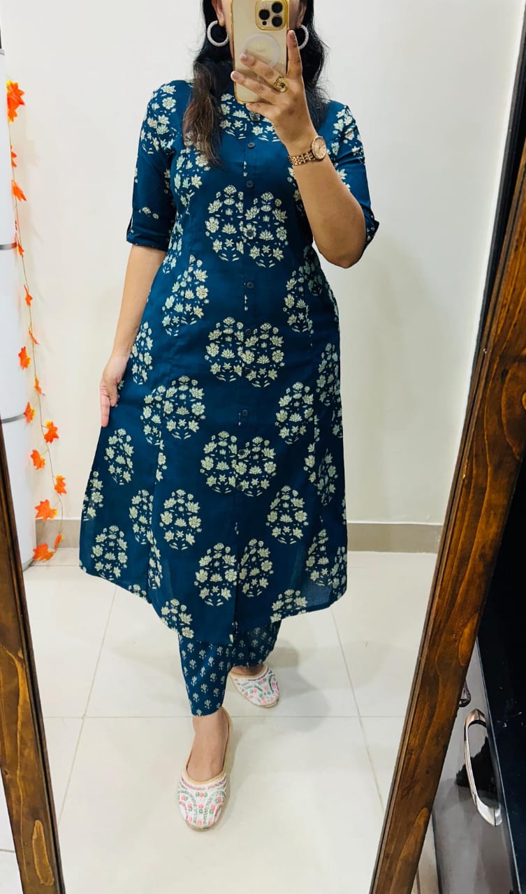 Premium Floral Fine Cotton Printed A-Line Pattern Kurti-Palazzo Set