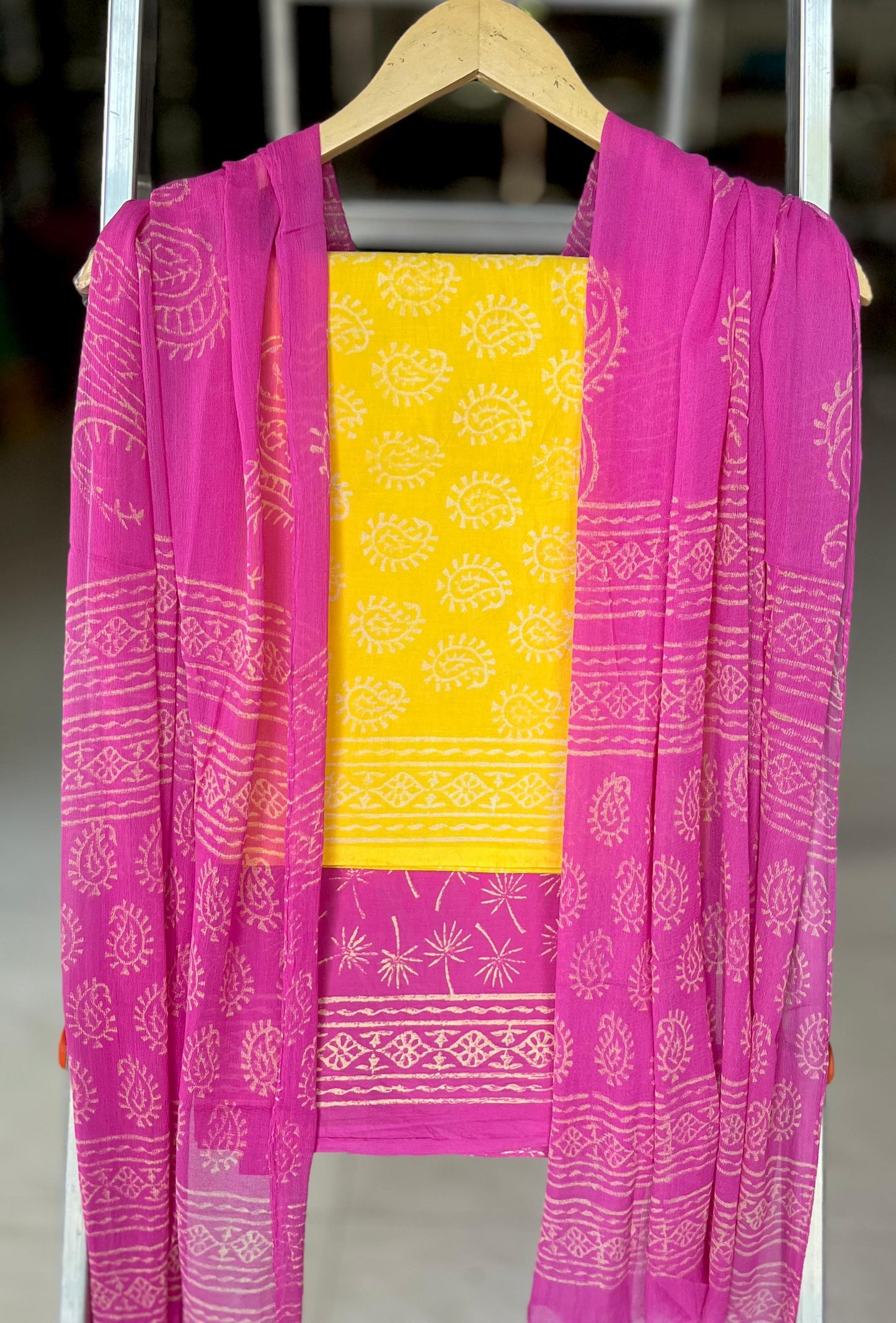 Pure Soft Cotton Hand Block Printed Suit Set With Chiffon Dupatta
